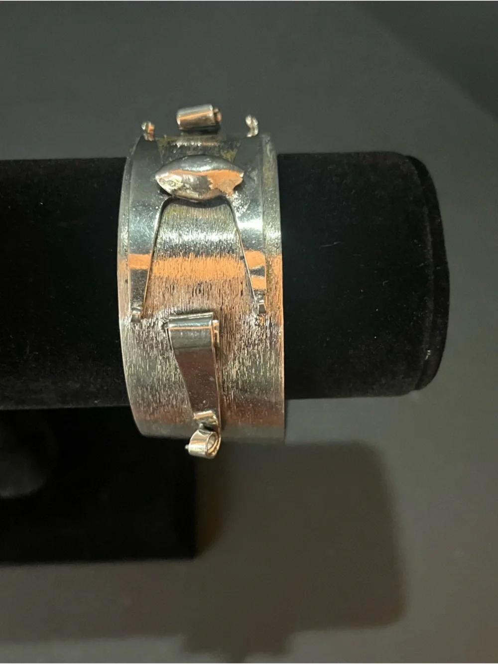 Silvertone Modernist industrial cuff bracelet Sculptural Steampunk